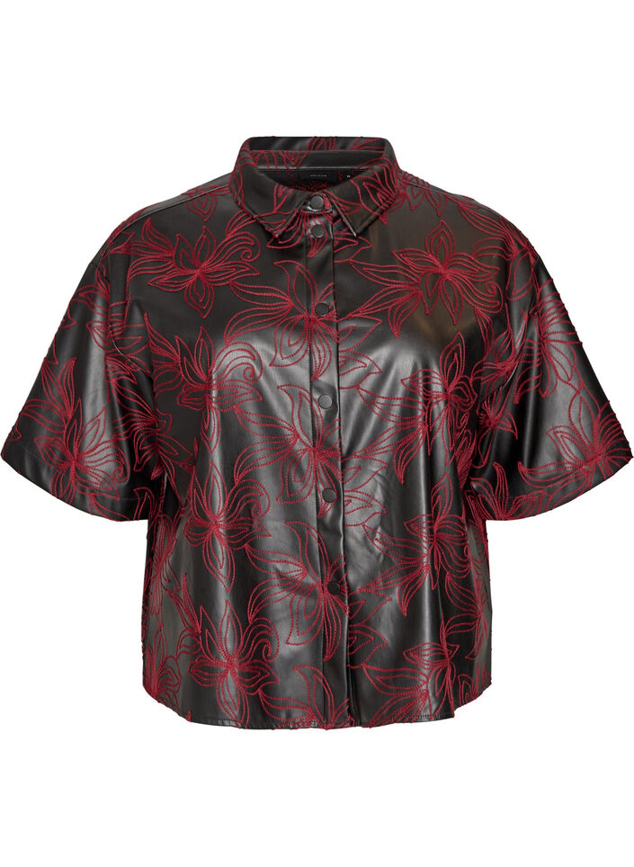 Short faux leather shirt with contrast embroidery, Black, Packshot image number 0