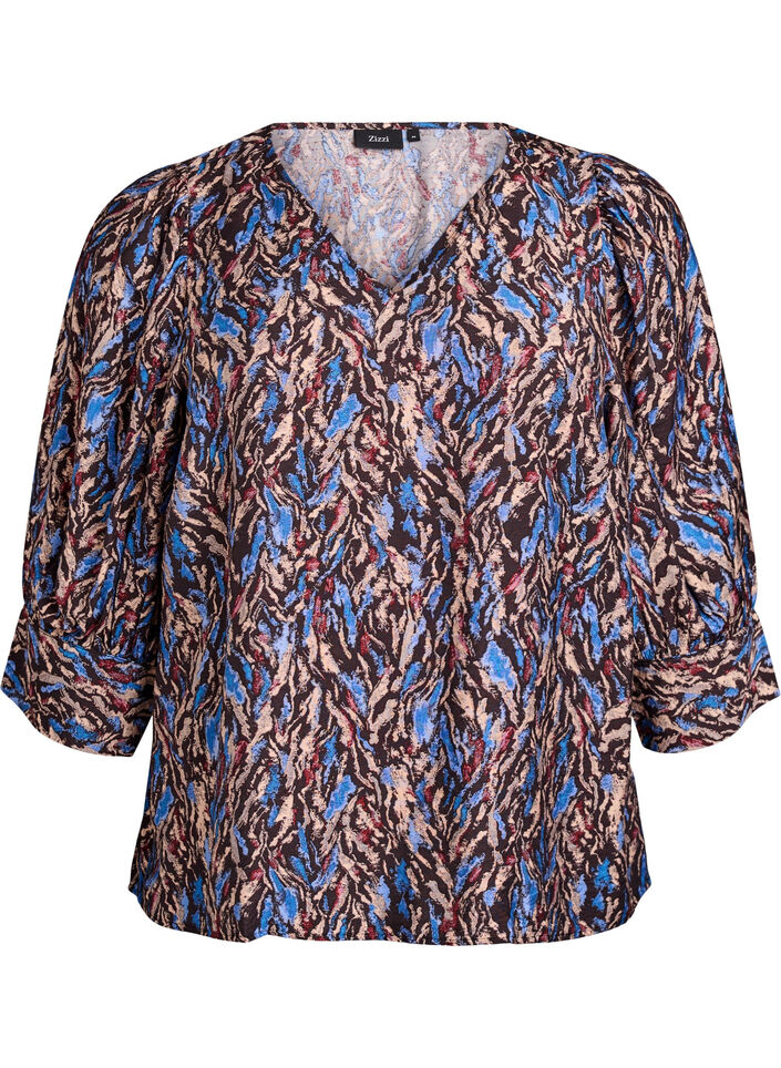 Blouse with V-neck and 3/4-sleeves, Blue, Packshot image number 0
