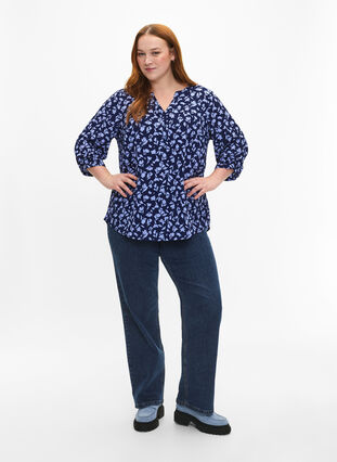 Floral blouse with 3/4 sleeves, M. Blue Flower AOP, Model image number 2