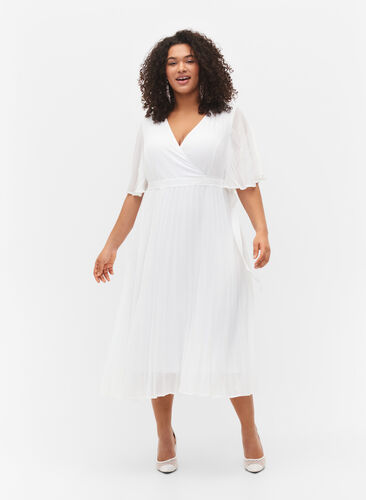 Pleated midi dress with short sleeves, Star White, Model image number 0