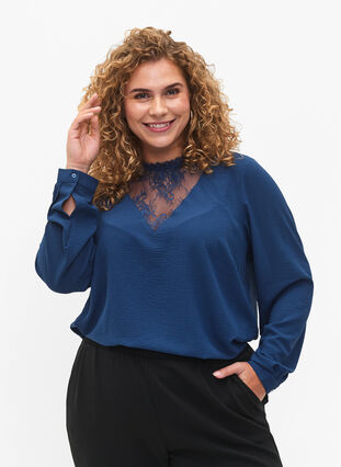 Long sleeved blouse with lace detail, Titan, Model image number 0