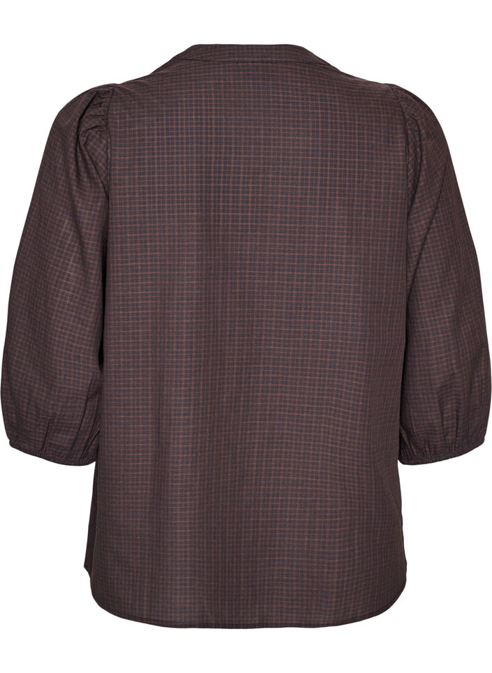 Checked blouse with V-neck and 3/4 sleeves, Brown, Packshot image number 1