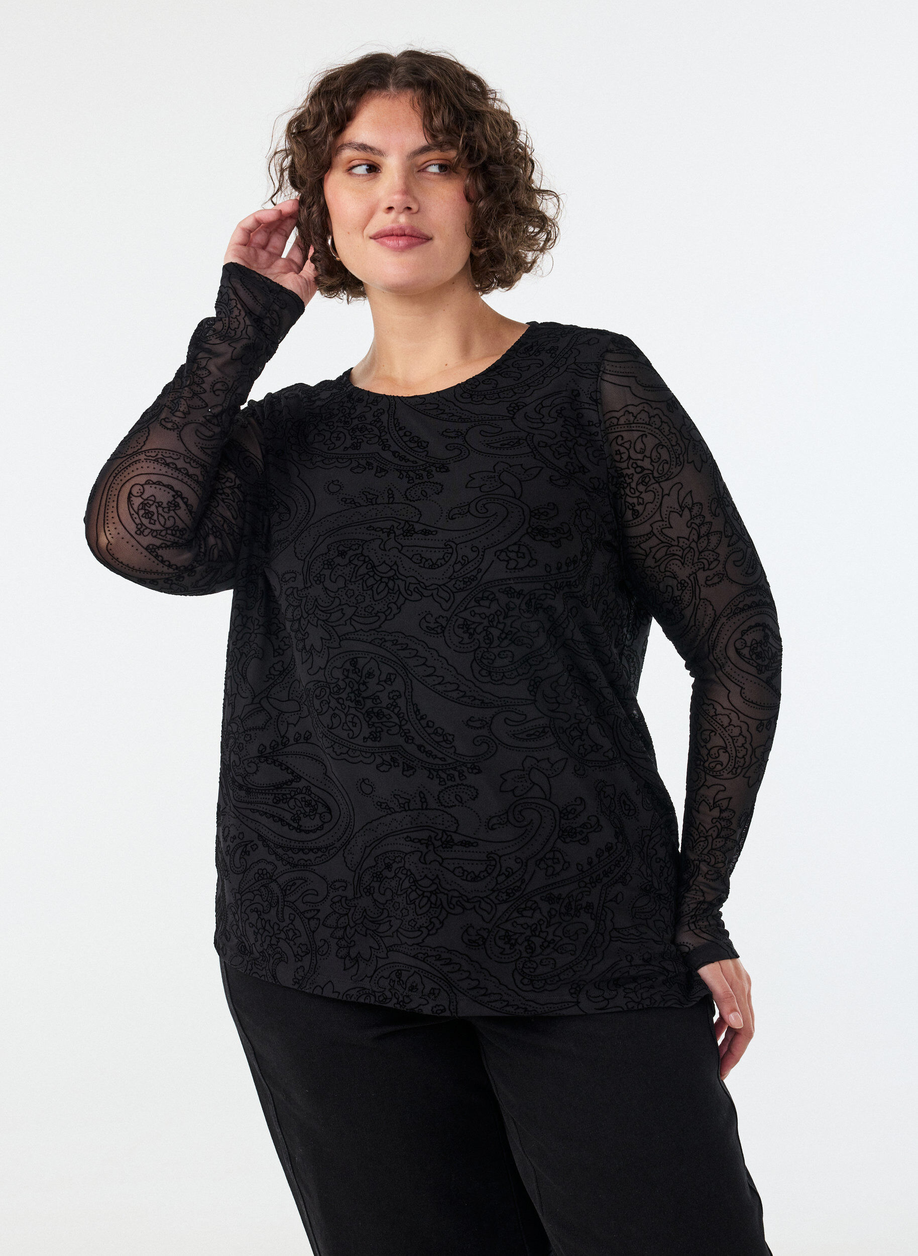 ZizzifashionMesh blouse with paisley print and asymmetrical hem, Black, Model image number 0