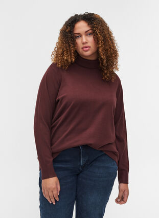 High neck knitted blouse made from a viscose mix, Bitter Chocolate, Model image number 0