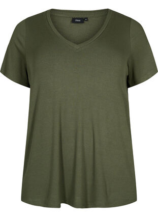 Ribbed viscose T-shirt with v-neck, Thyme, Packshot image number 0