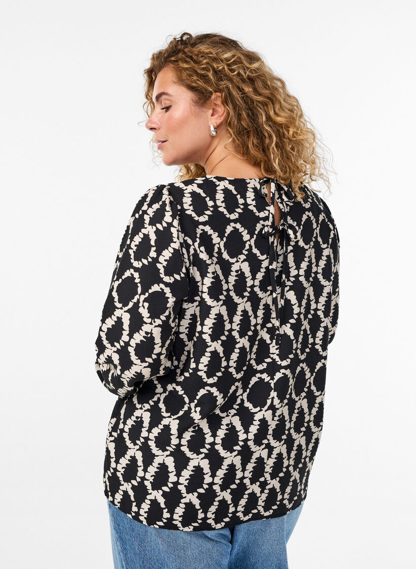 Long-sleeved blouse with print and bows, Black, Model image number 2