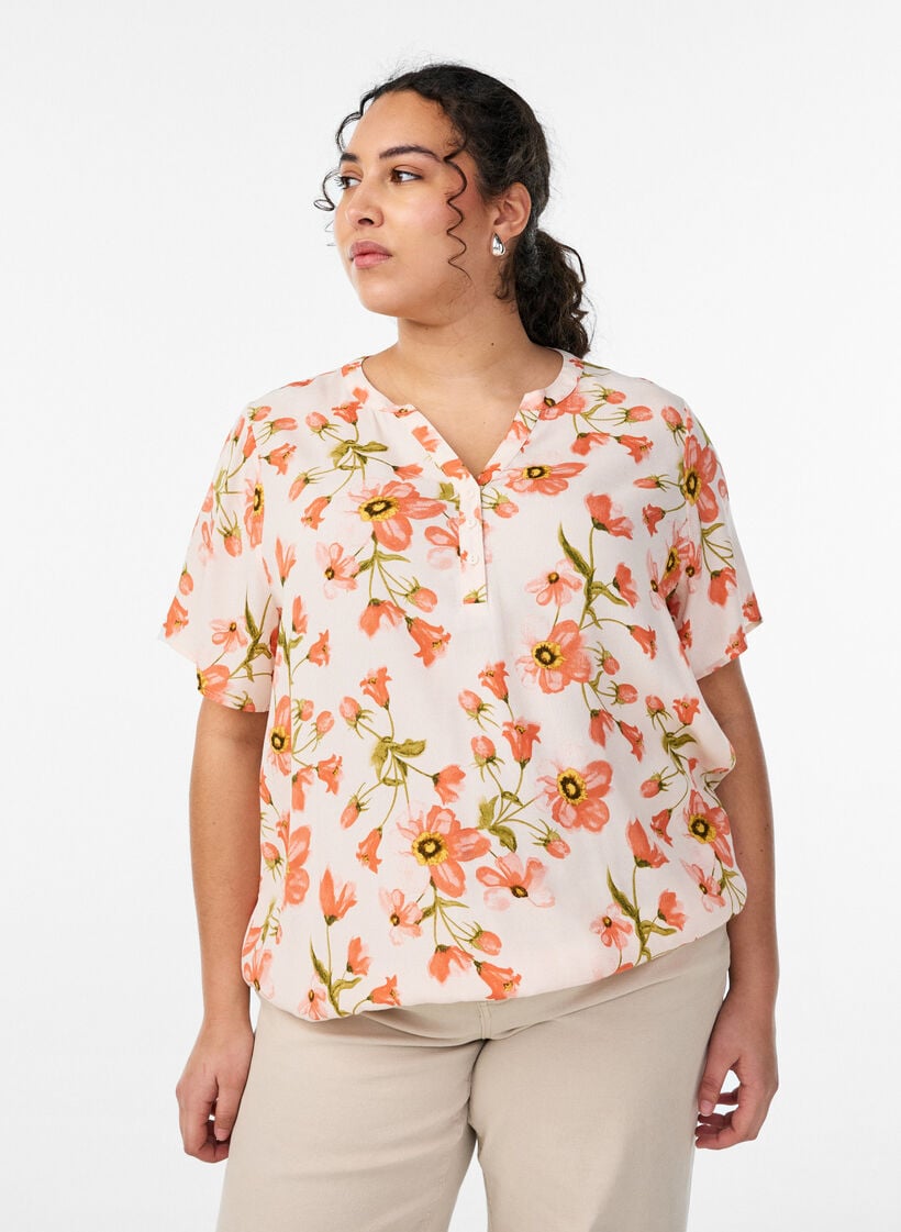 Viscose blouse with floral print and short sleeves, Vanilla, Model image number 0