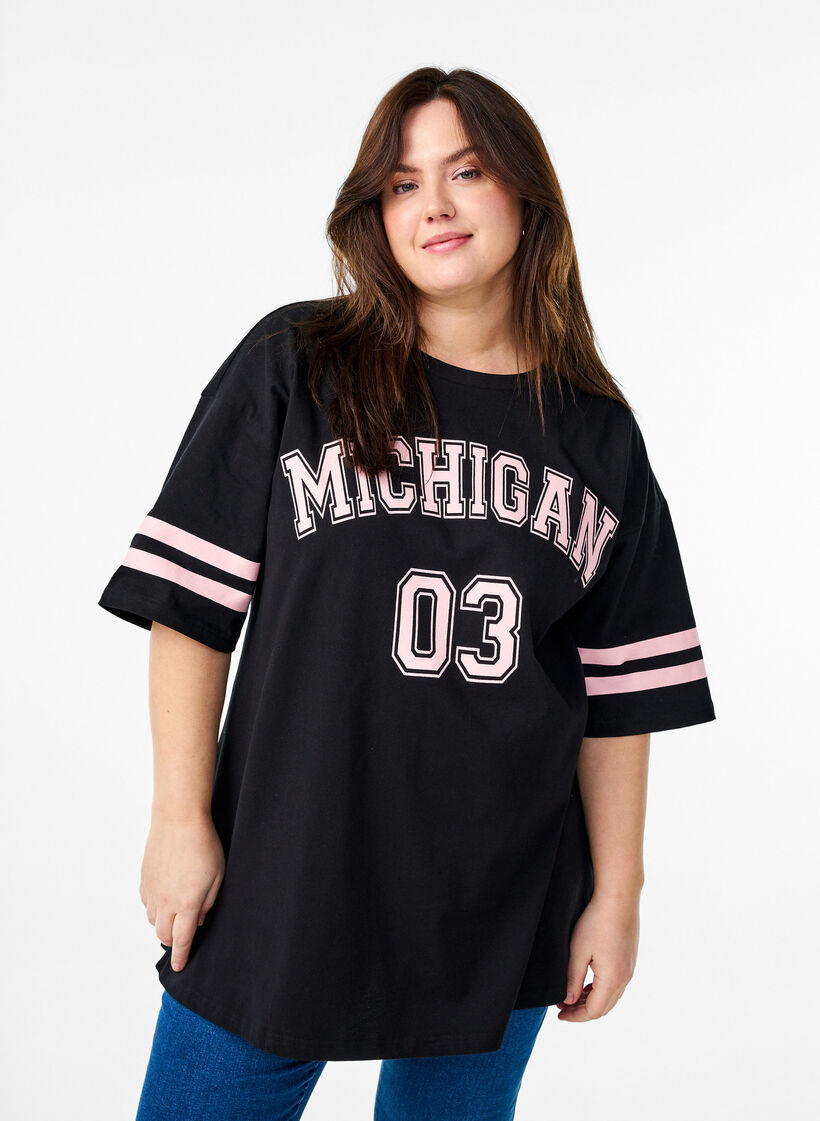 Sporty oversized college T-shirt, Black, Model image number 0
