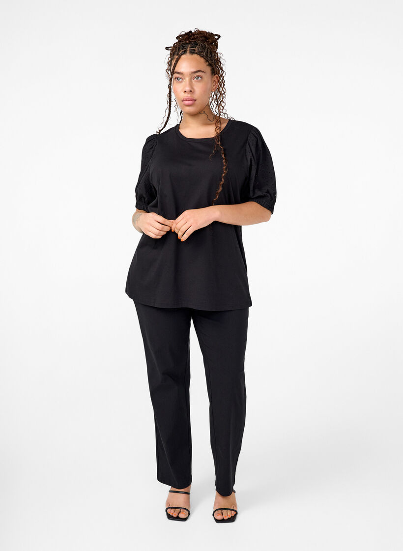Organic cotton blouse with broderie anglaise sleeves, Black, Model image number 2