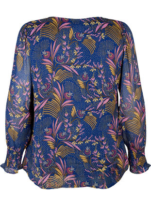 Floral blouse with long sleeves and v neck, Blue w. Pink Leaf, Packshot image number 1