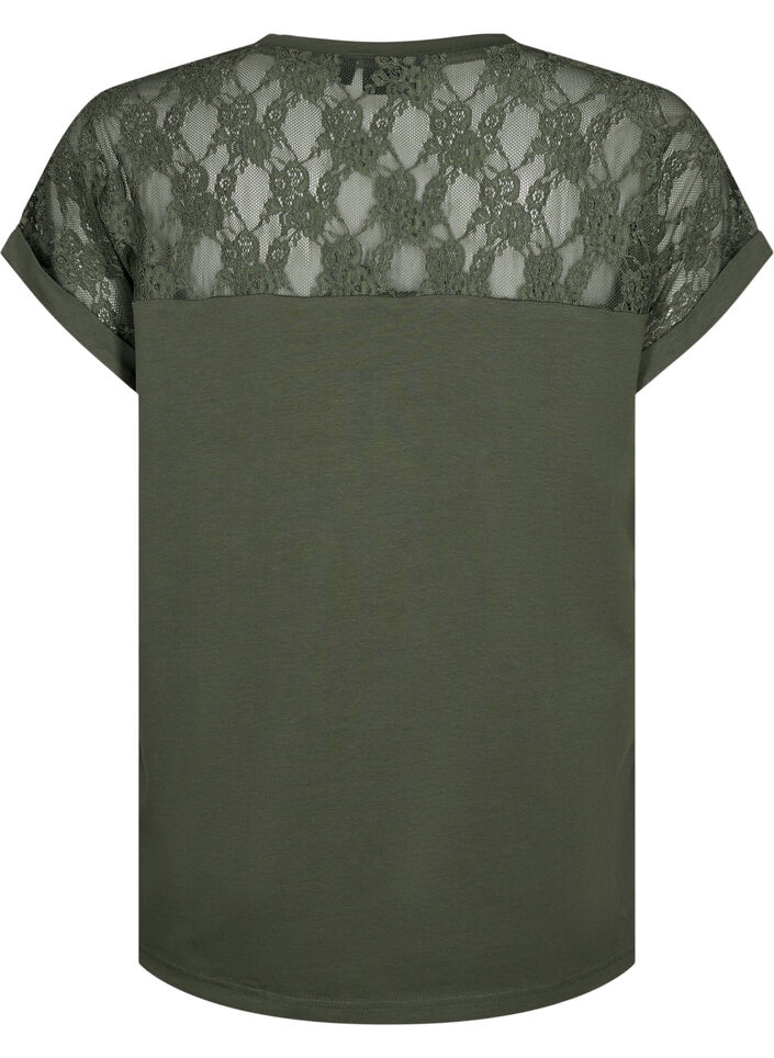 Short-sleeved cotton t-shirt with lace, Thyme, Packshot image number 1
