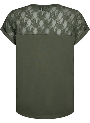 Short-sleeved cotton t-shirt with lace, Thyme, Packshot image number 1