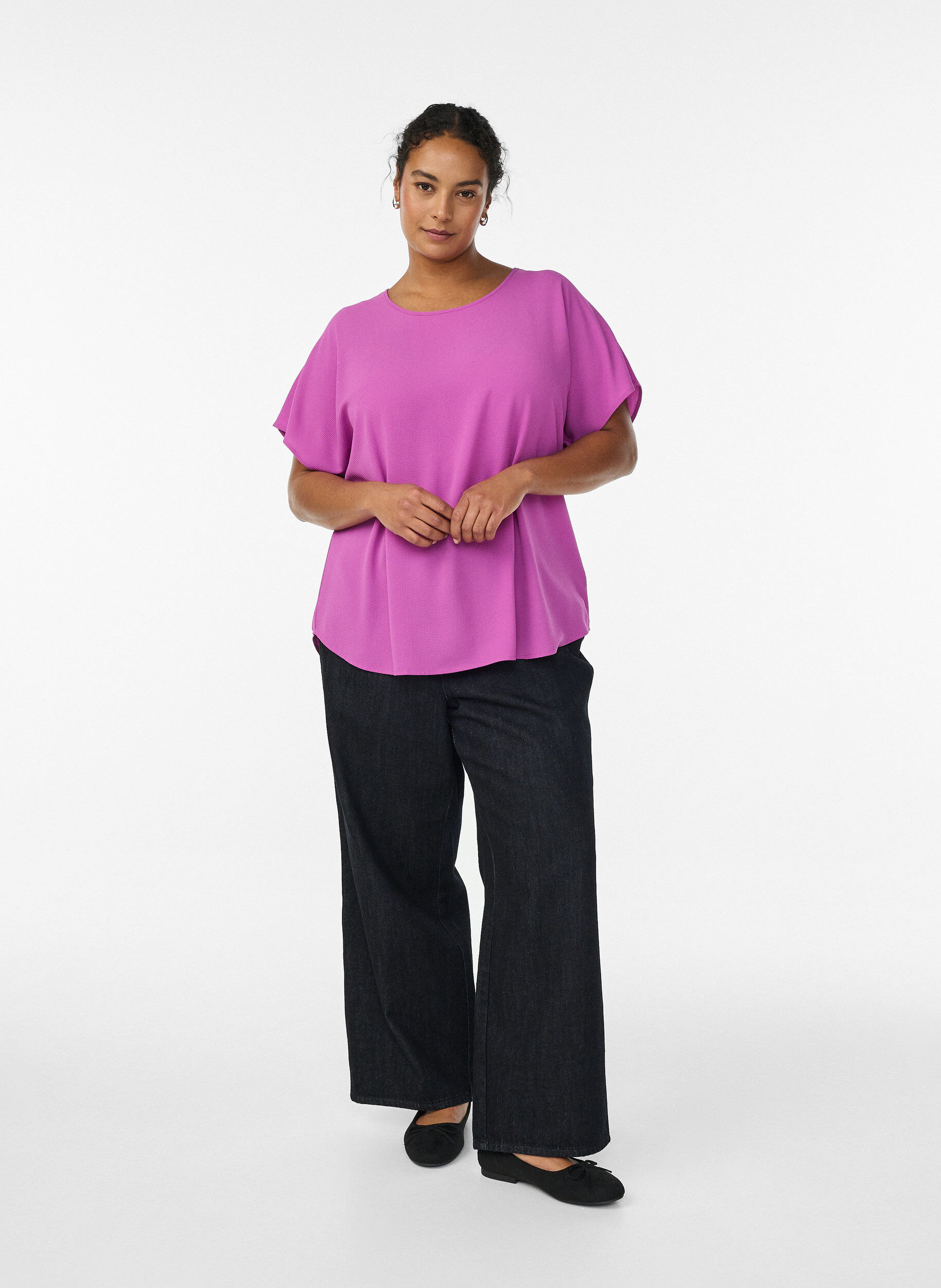 Zizzifashion Blouse with short sleeves and a round neckline, Purple, Model image number 1