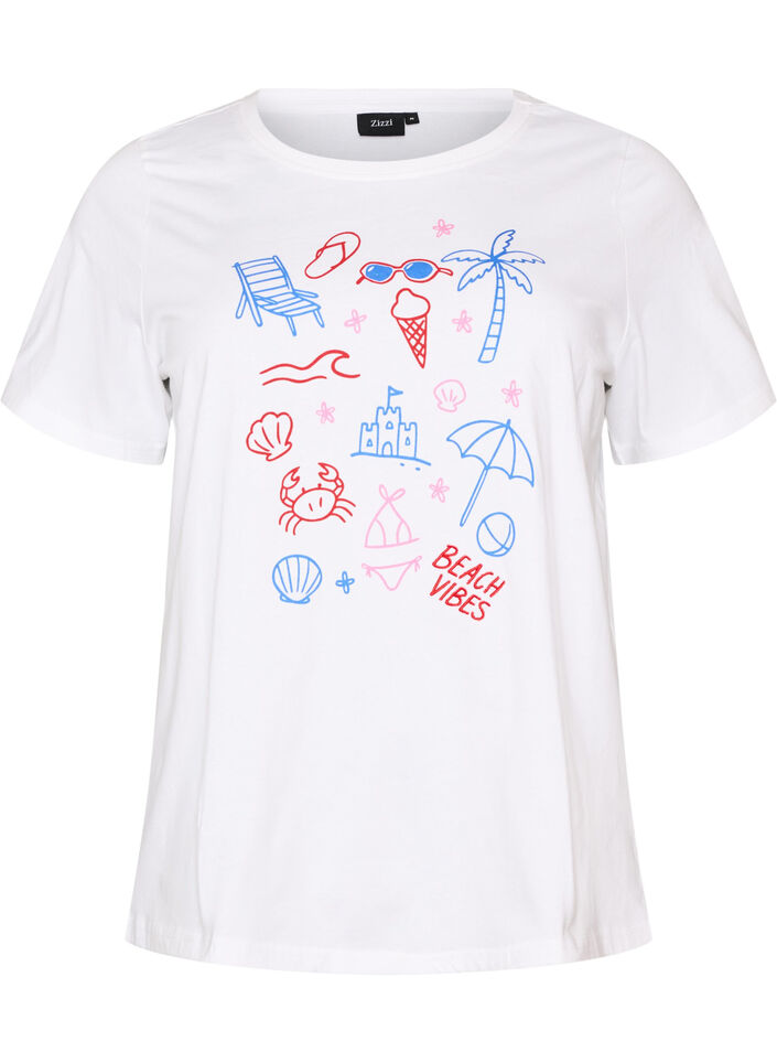 Organic cotton T-shirt with beach print, White, Packshot image number 0