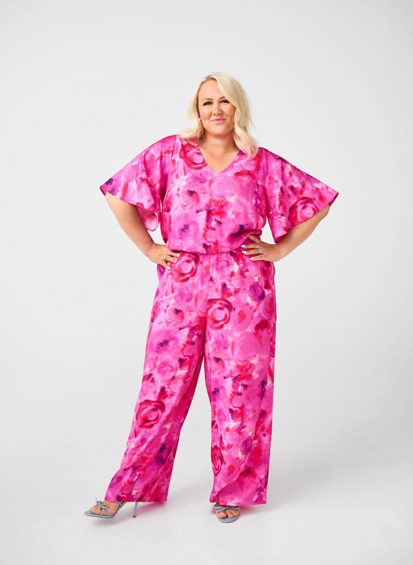Floral jumpsuit with batwing sleeves, Pink Rose AOP, Image image number 0