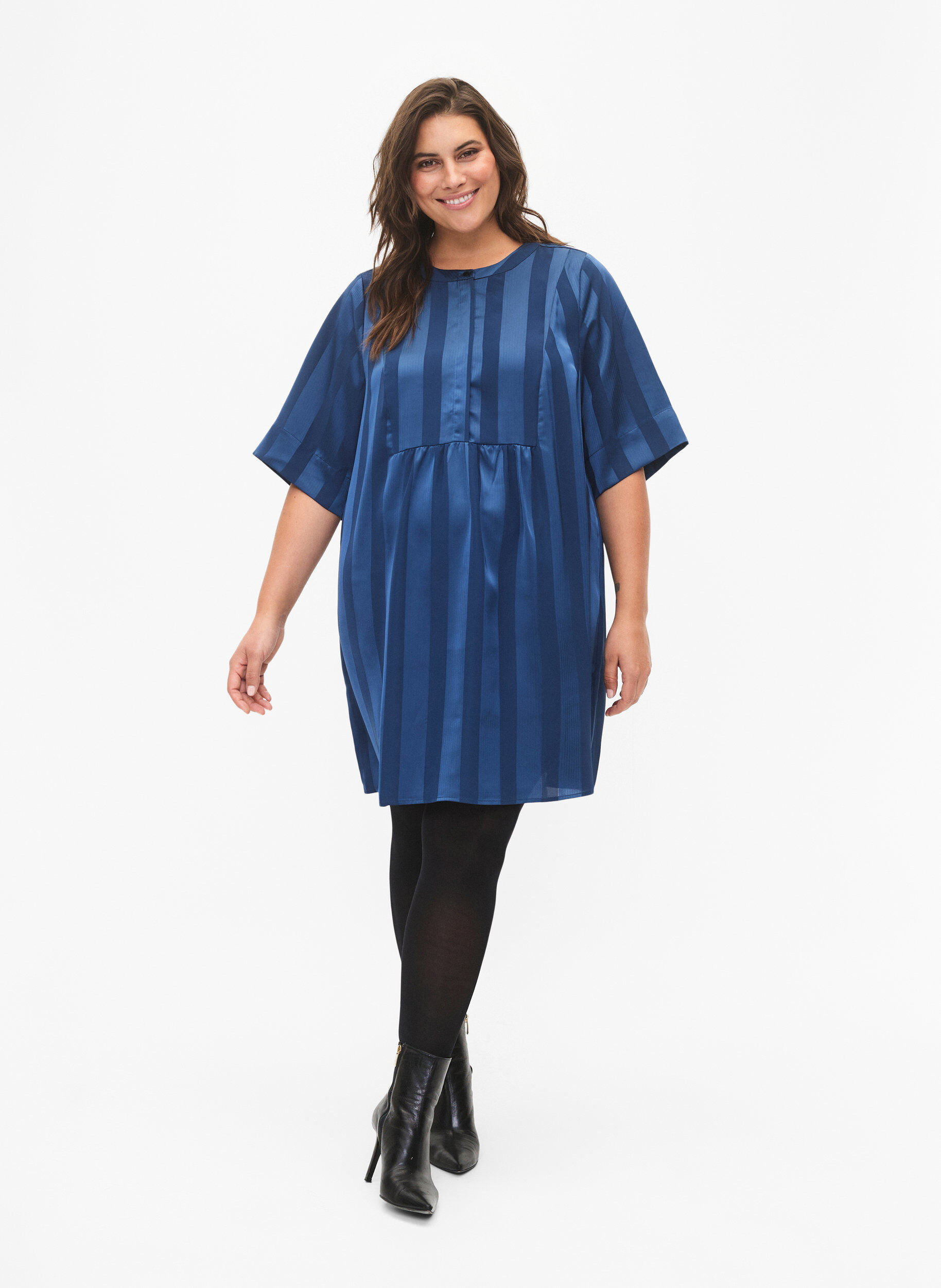 Zizzifashion A-line dress with stripes and 1/2 sleeves, Titan, Model image number 2