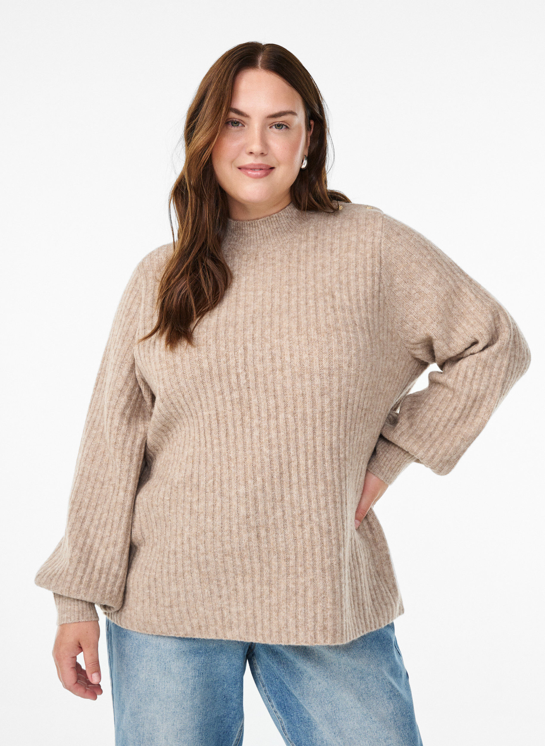 ZizzifashionRibbed jumper with puff sleeves and buttons, Beige, Model image number 0