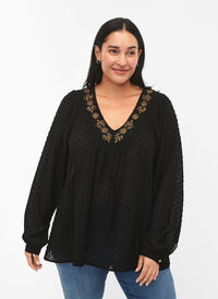 Dotted V-neck blouse with pearls, Black w. Cobber, Model
