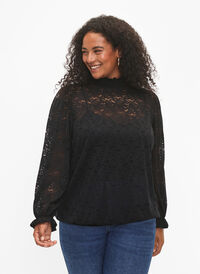 Long-sleeved lace blouse with smock, Black, Model