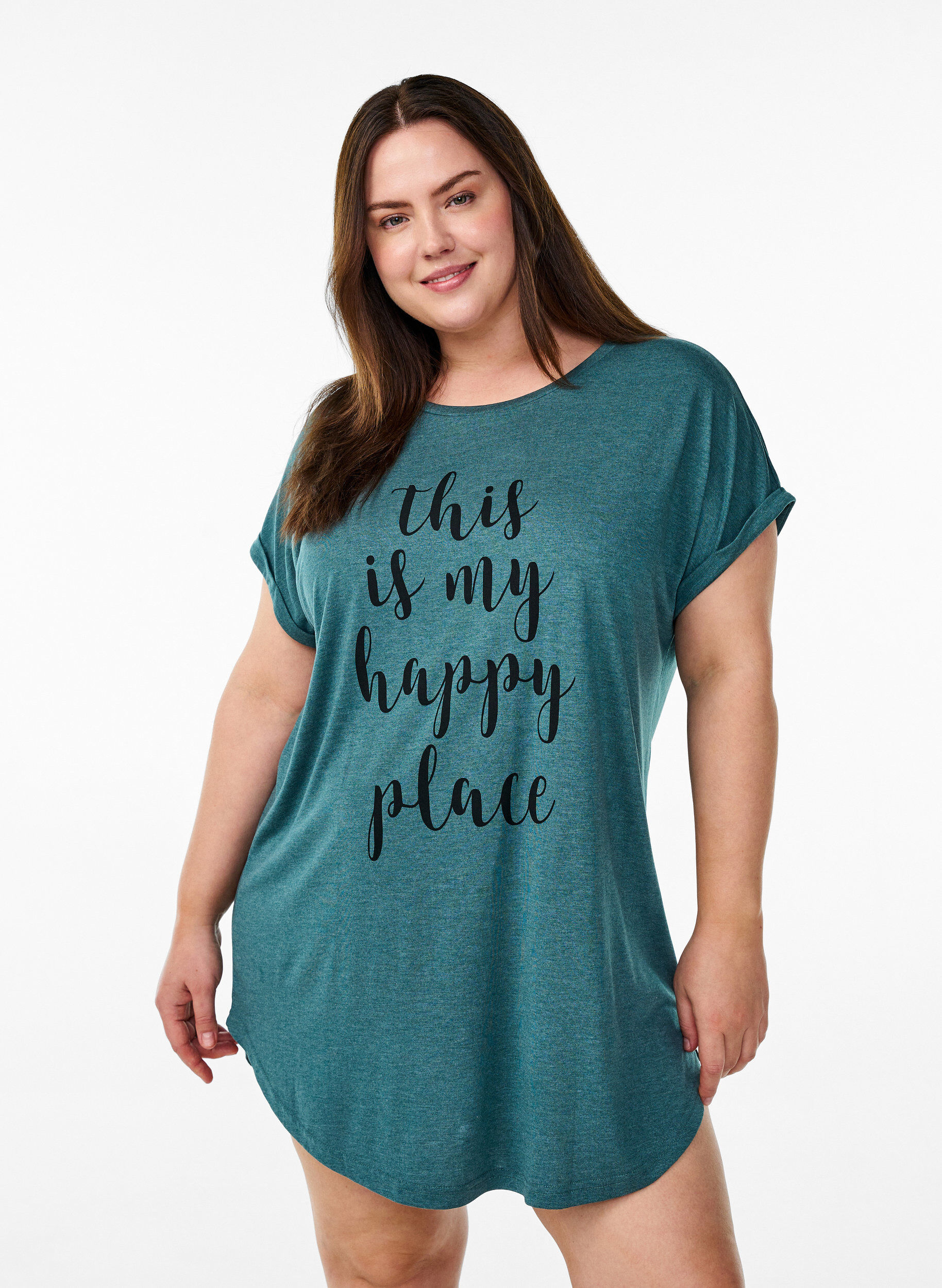 ZizzifashionShort sleeve nightgown with text print, Green, Model image number 0