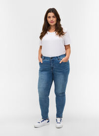 Cropped Amy jeans with a high waist and bows, Blue denim, Model