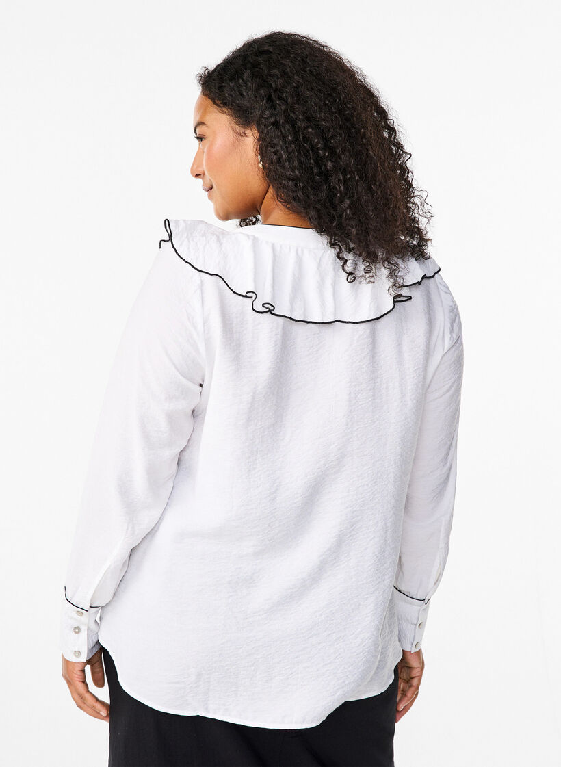Long-sleeved viscose shirt blouse with ruffle, White, Model image number 2