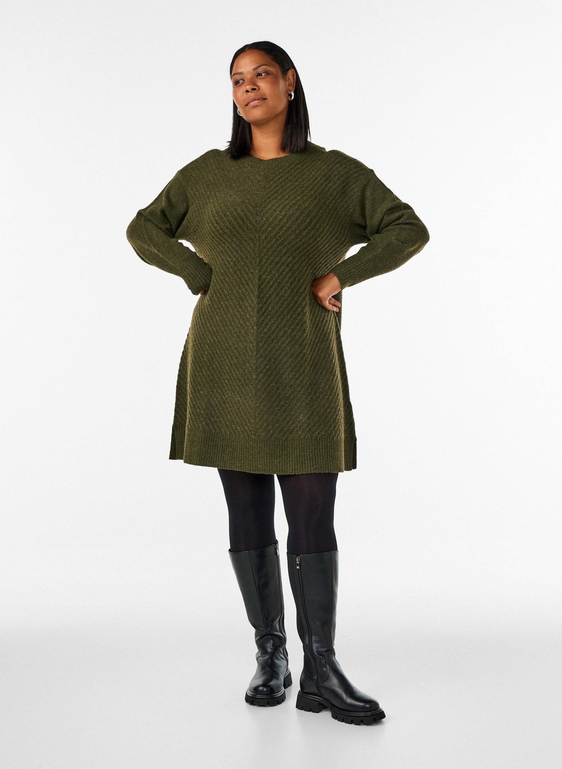 ZizzifashionShort knitted dress with a V-shaped textured pattern, Green, Model image number 1