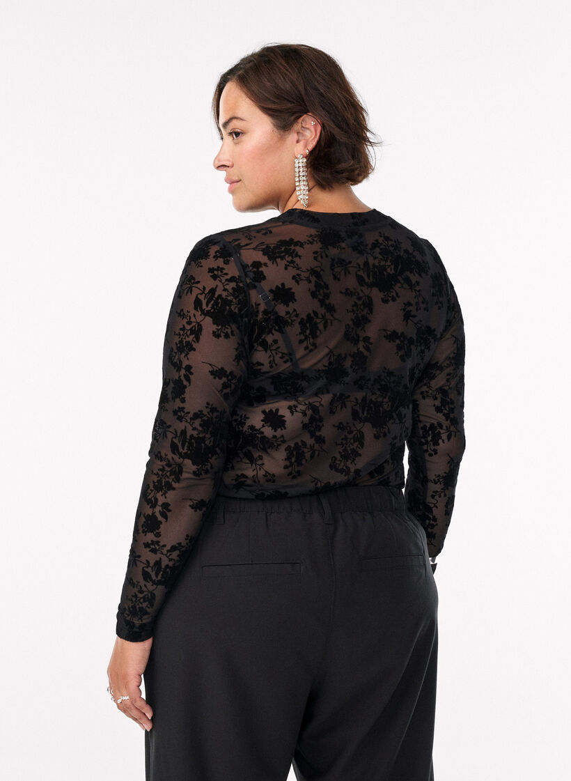 Mesh blouse with floral pattern, Black, Model image number 2
