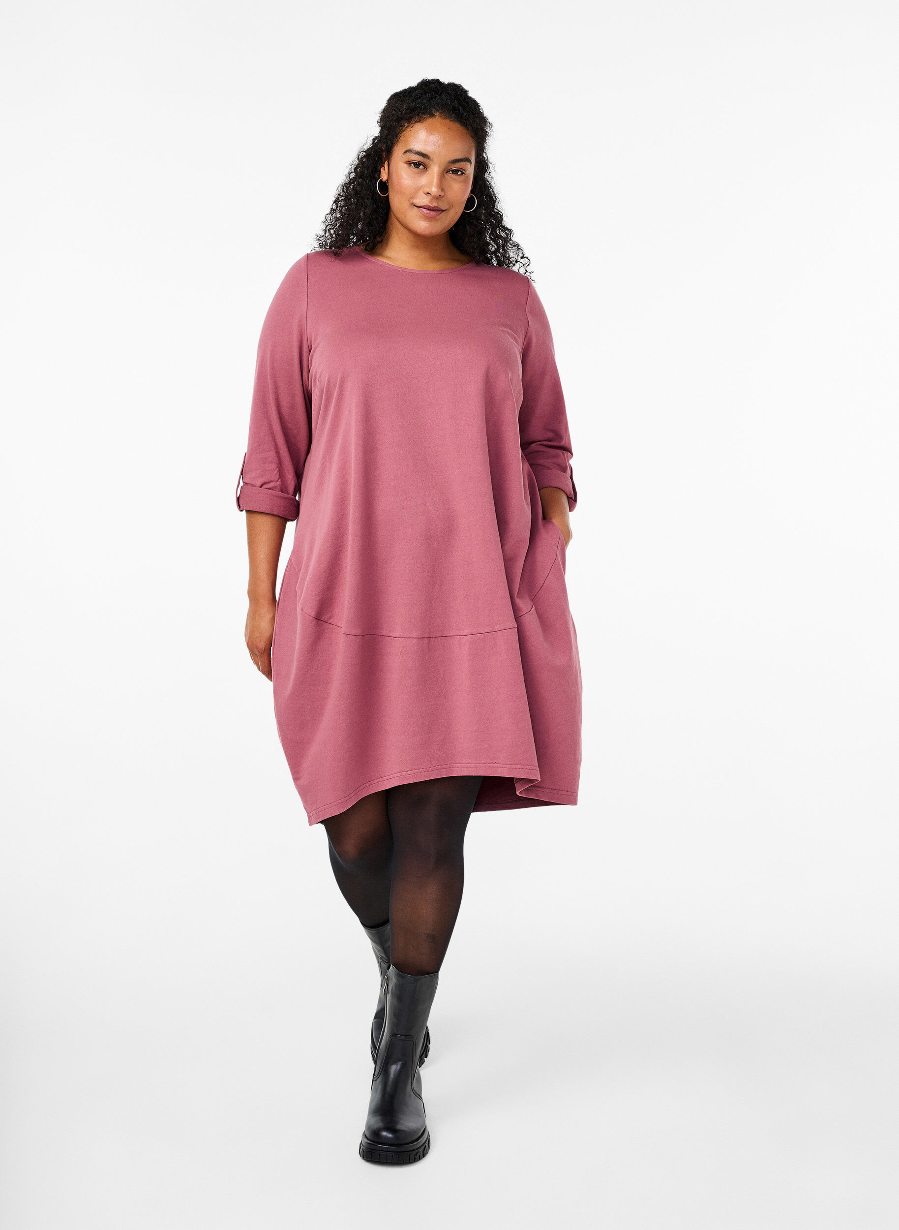 Zizzifashion Balloon dress in cotton with pockets, Rose, Model image number 1