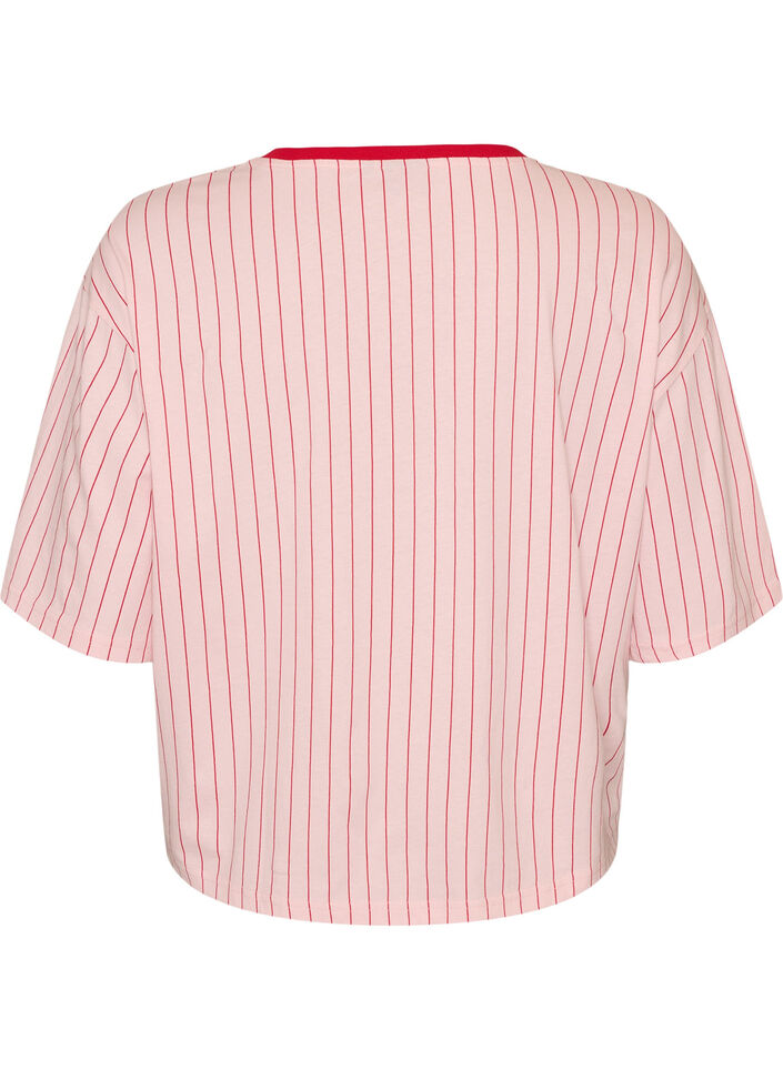 Boxy T-shirt with stripes and statement print, Rose, Packshot image number 1