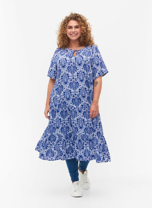 Short-sleeved viscose dress with print, S. the web Oriental, Model image number 0