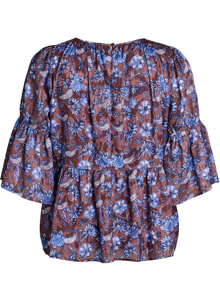 Floral blouse with ruffle sleeves, Brown, Packshot image number 1