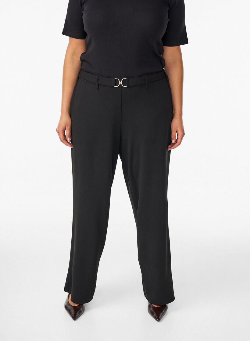 High-waisted trousers with belt detail and gold buckle, Black, Model image number 2