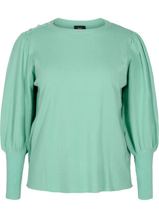 Knitted ribbed sweater with balloon sleeves, Dusty Jade Green Mel, Packshot image number 0