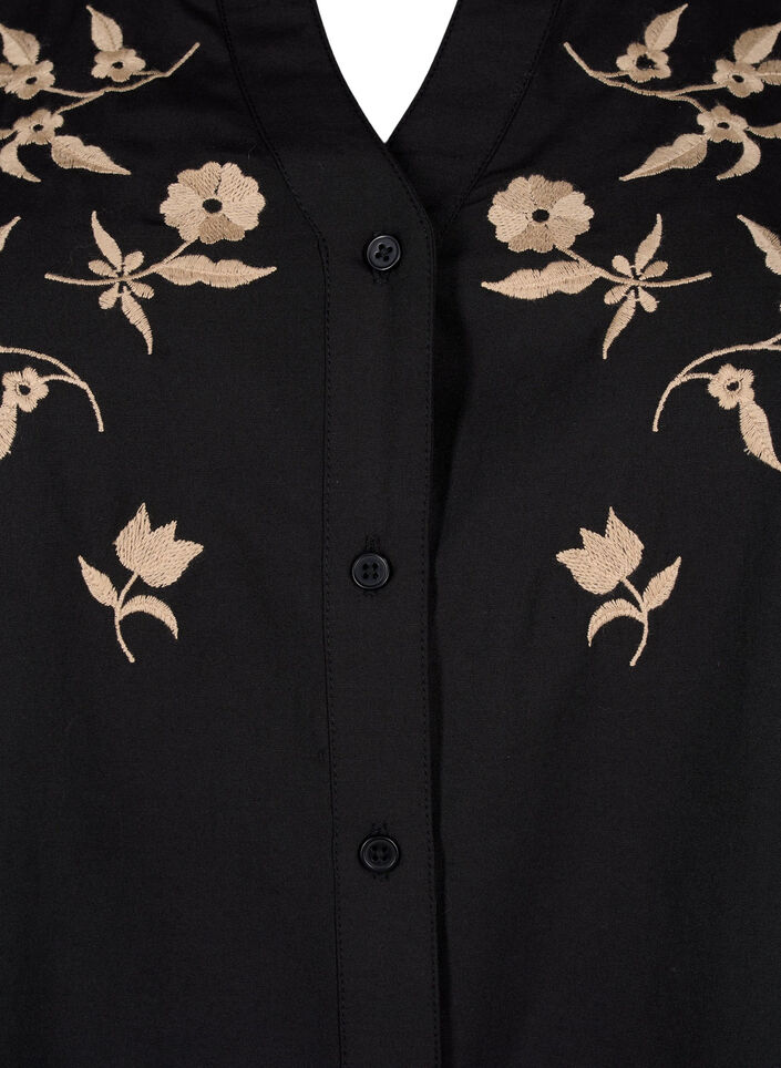 Shirt blouse with embroidered flowers and 3/4 sleeves, Black W. Beige Emb. , Packshot image number 2
