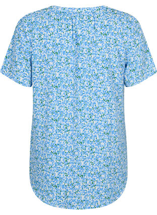 Blouse with short sleeves and v-neck, Blue Small Flower, Packshot image number 1