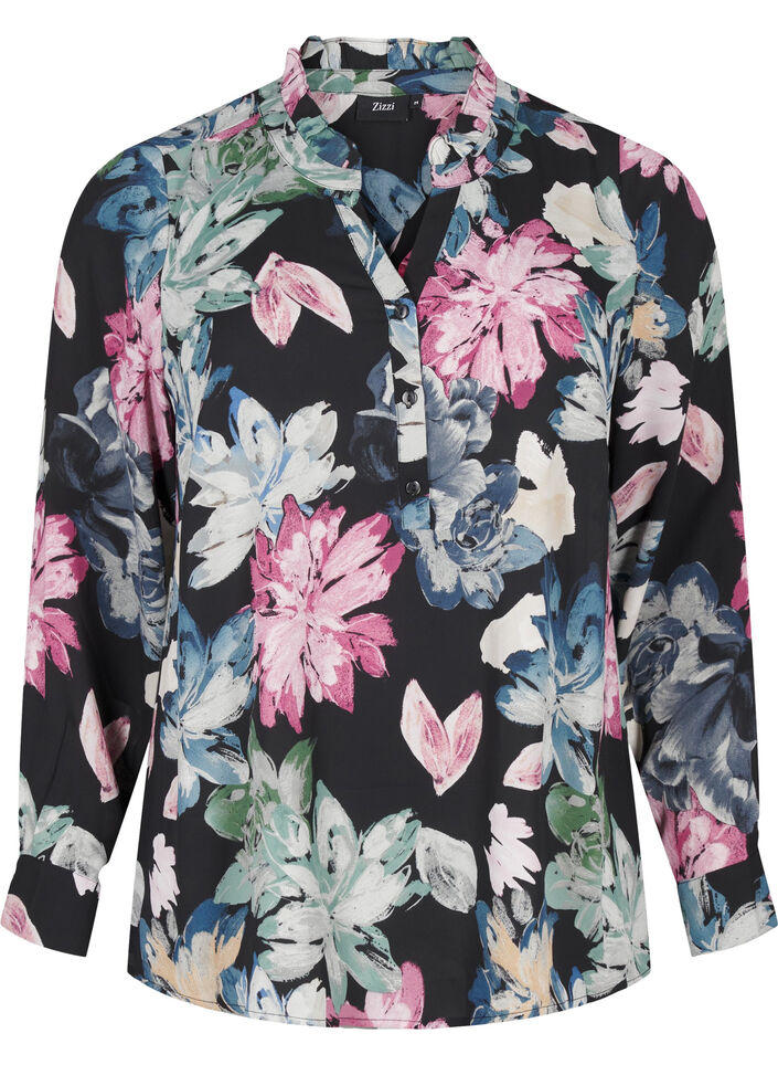 Long-sleeved blouse with floral print, Rose Flower AOP, Packshot image number 0