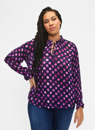 Long sleeve blouse with ruffles and print, Medieval Bl. Dot AOP, Model image number 0