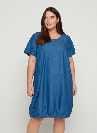 Short-sleeved denim dress with pockets, Blue denim, Model image number 0