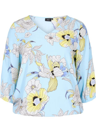 Floral viscose blouse with elasticated trim, Light Blue AOP, Packshot image number 0