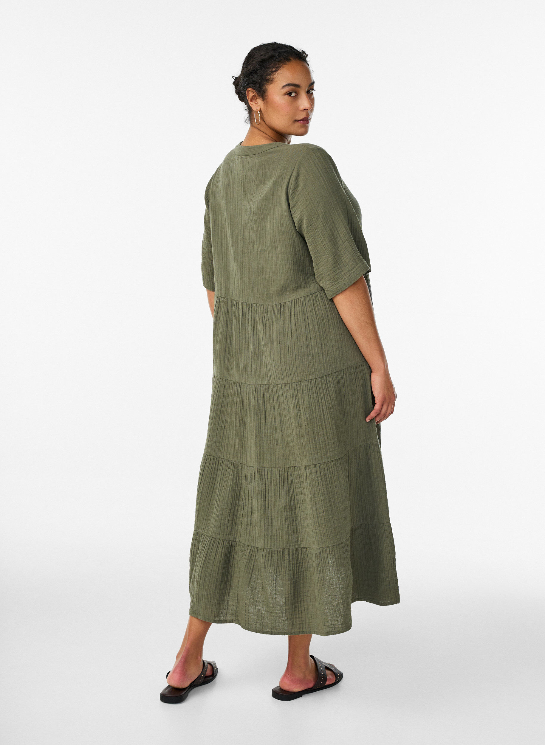 Zizzifashion A-line midi dress in cotton muslin, Green, Model image number 1