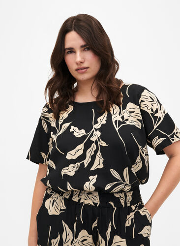 FLASH - Short sleeve blouse with print, Black Off White Fl., Model image number 0