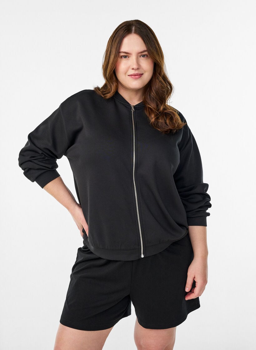 Bomber cardigan with zip, Black, Model image number 0