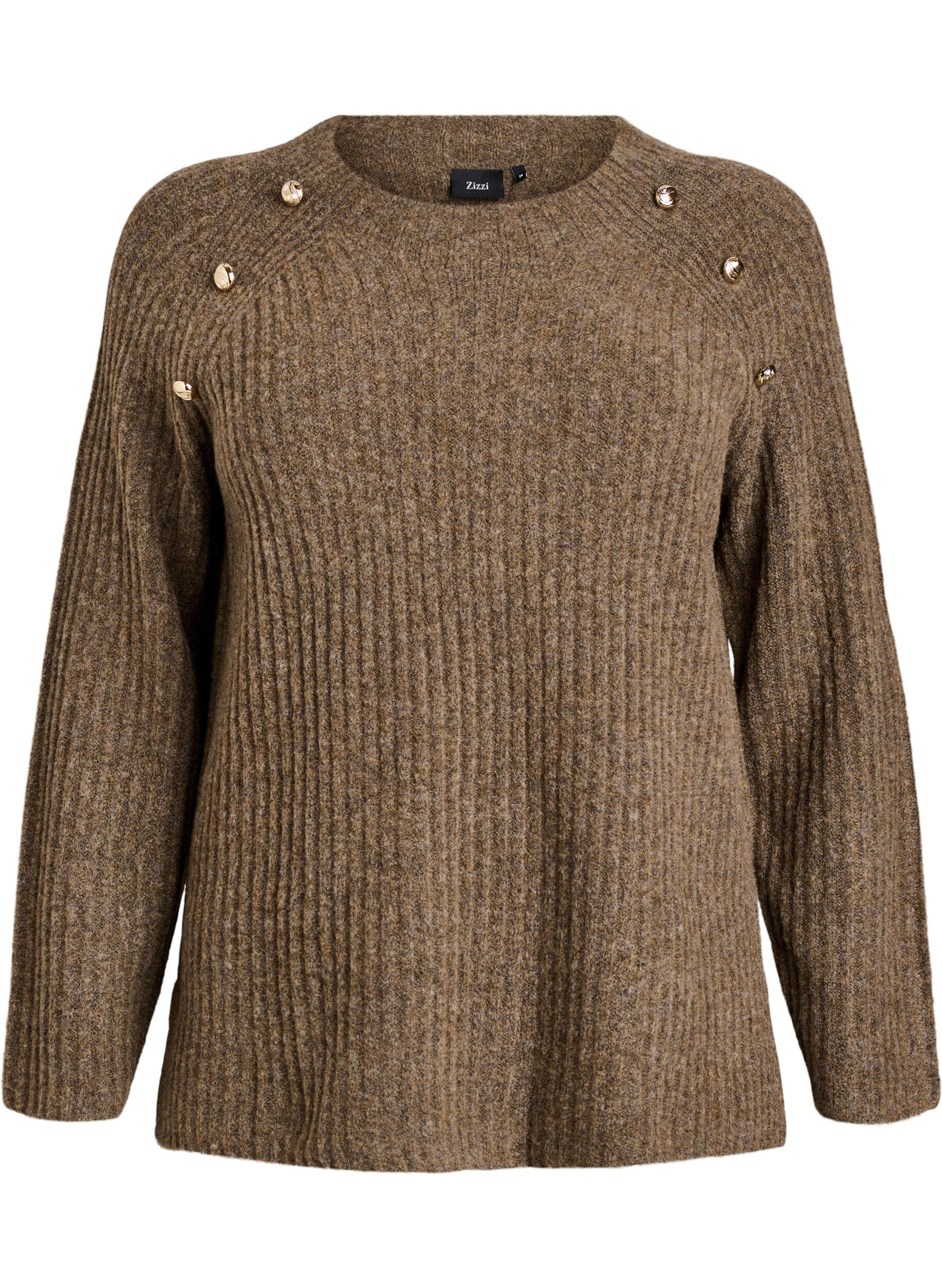Zizzifashion Ribbed jumper with decorative buttons, Brown, Packshot image number 0