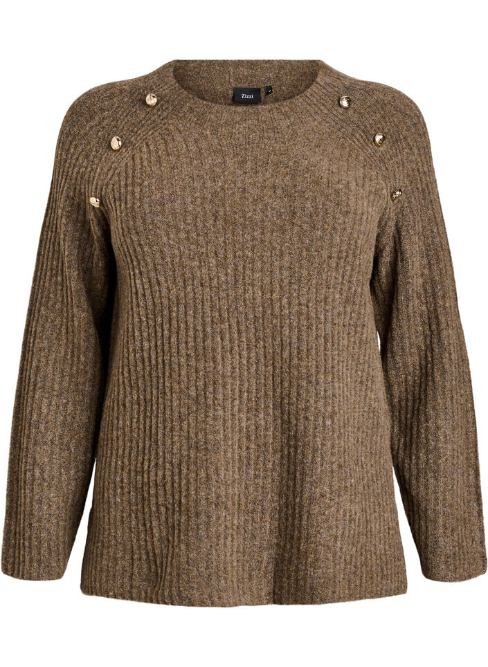 Ribbed jumper with decorative buttons, Brown, Packshot image number 0