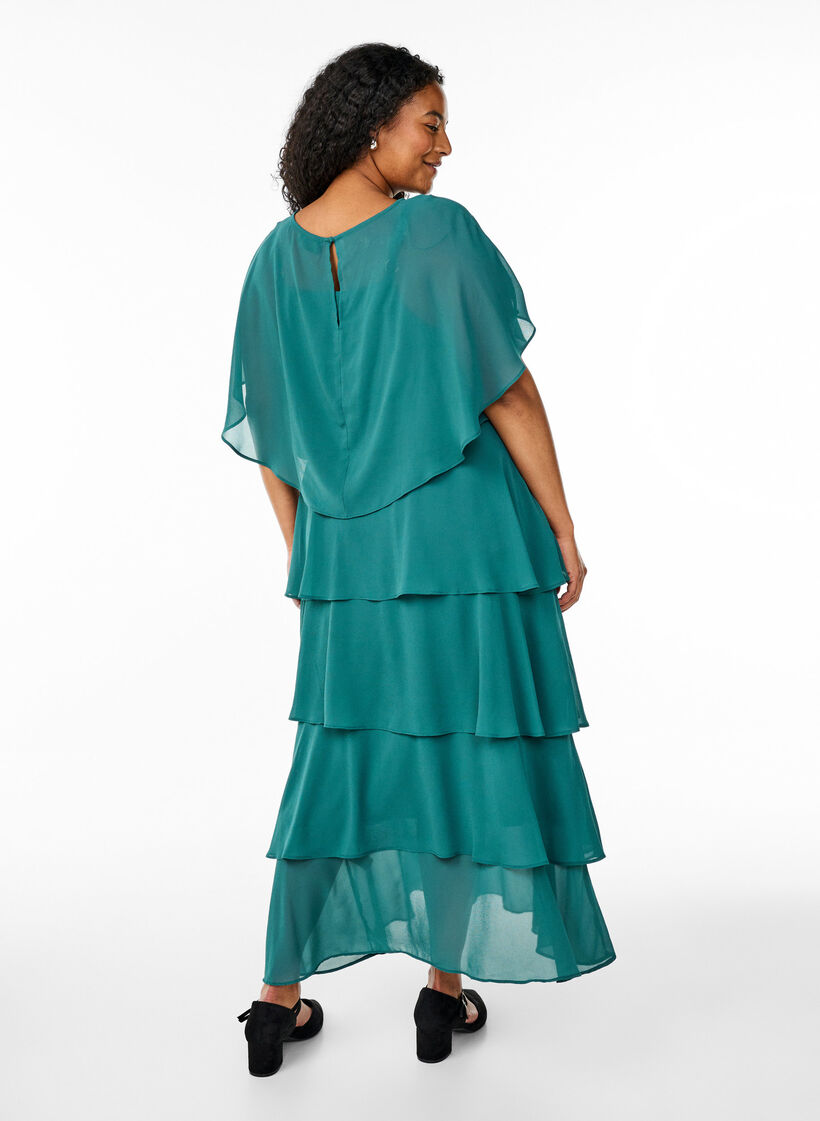 Maxi dress with ruffle layers and detachable cape, Green, Model image number 2
