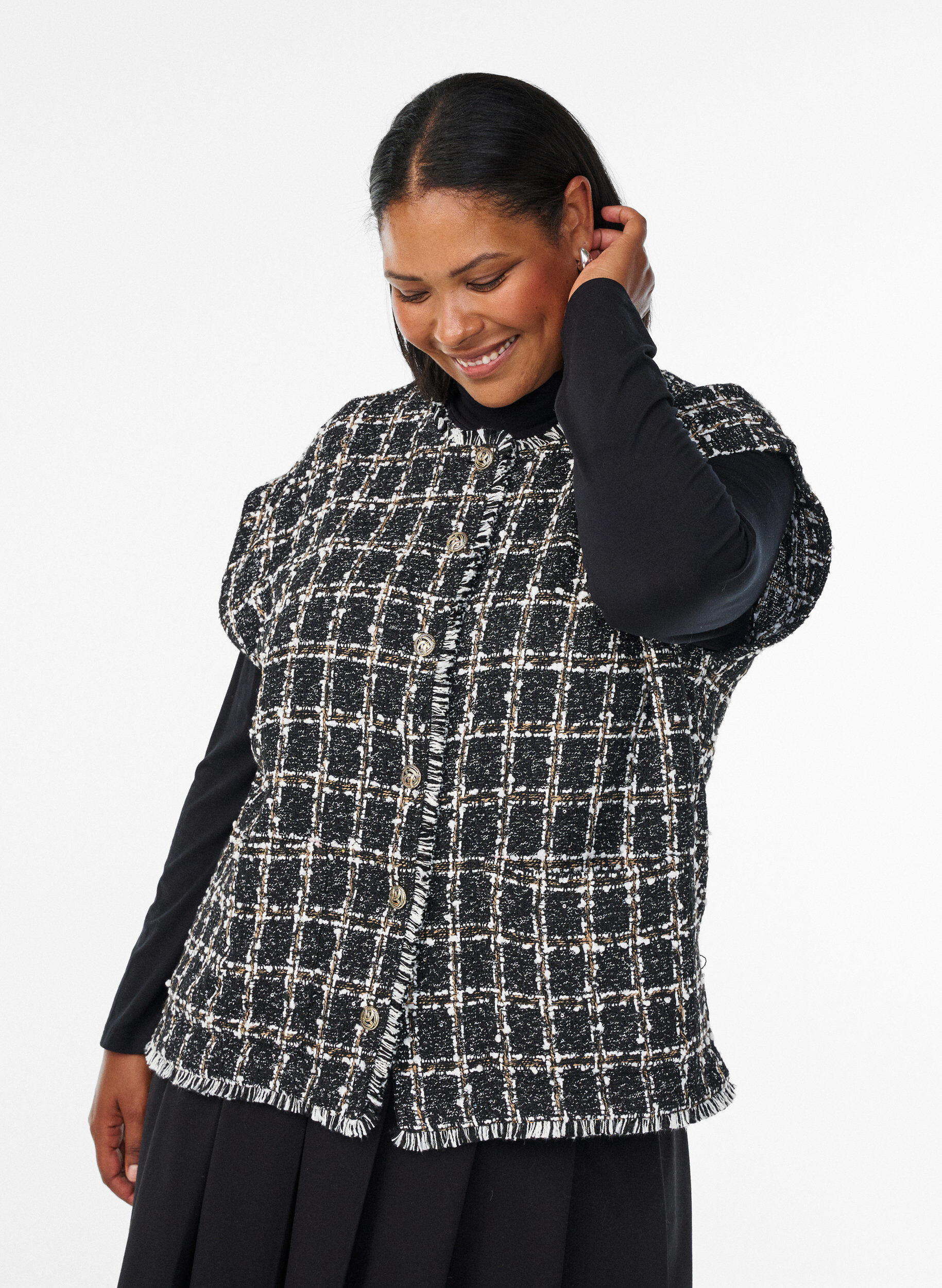Zizzifashion Checked waistcoat with decorative buttons, Black, Model image number 0