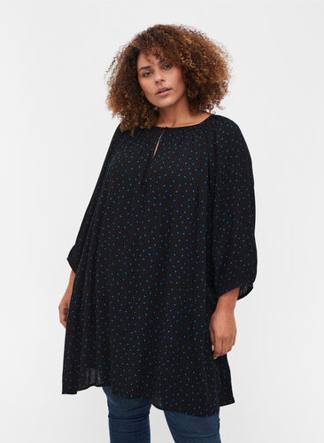 Printed viscose tunic with 3/4-length sleeves , Black w. Blue Dot, Model image number 0