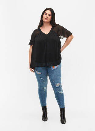  Plain top with batwing sleeves and V-neck, Black, Model image number 3