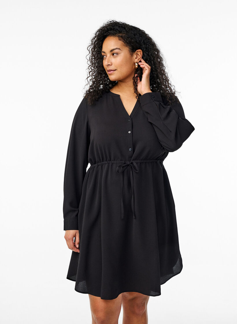 Knee-length dress with tie belt, Black, Model image number 0